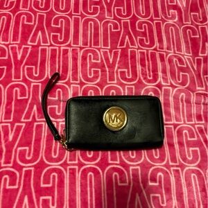 Michael Kors Black Leather Zip Wristlet with Gold MK Medallion